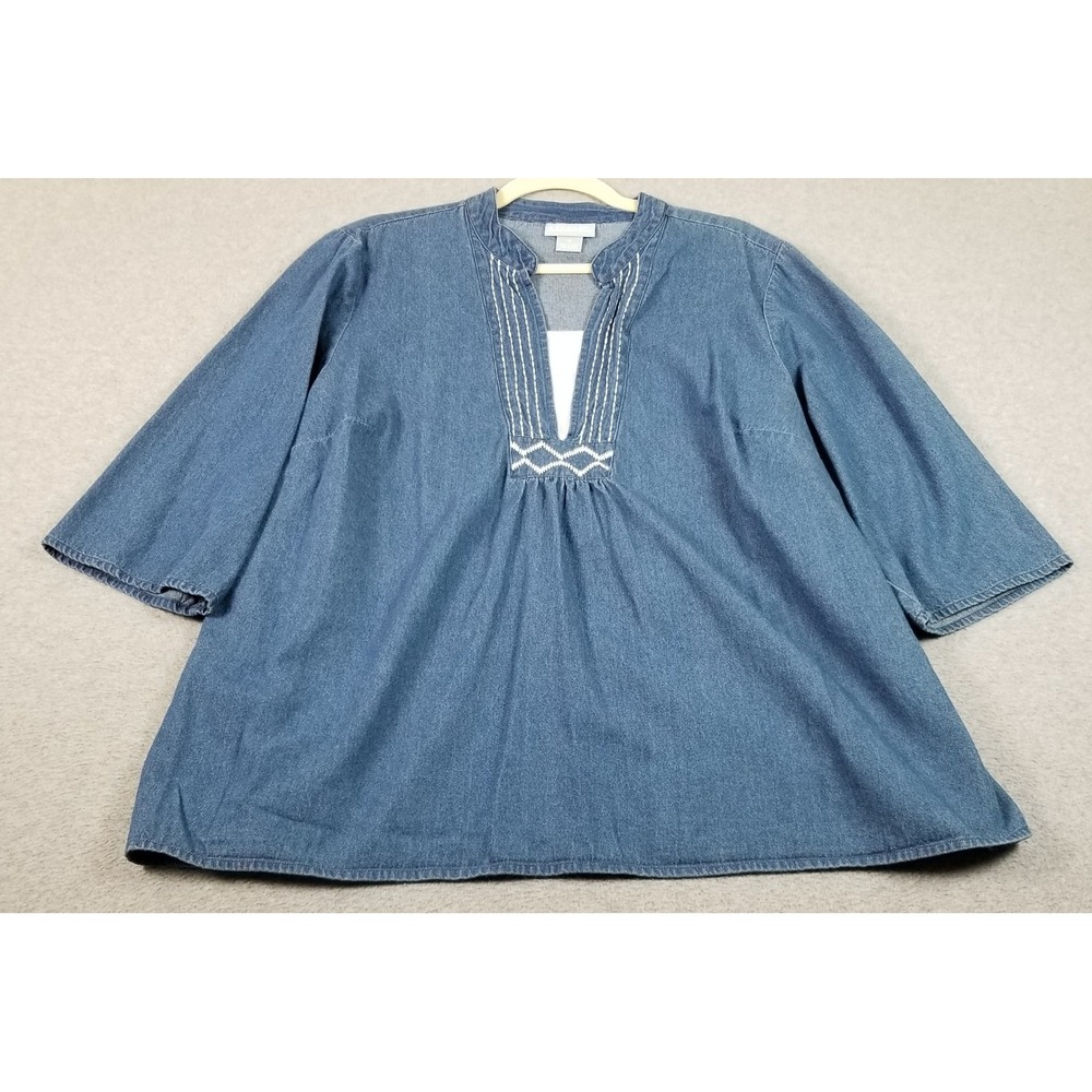 Liz & Me Tunic Top Womens 1X Plus Blue White Denim Embroidery 3/4 Sleeve Casual